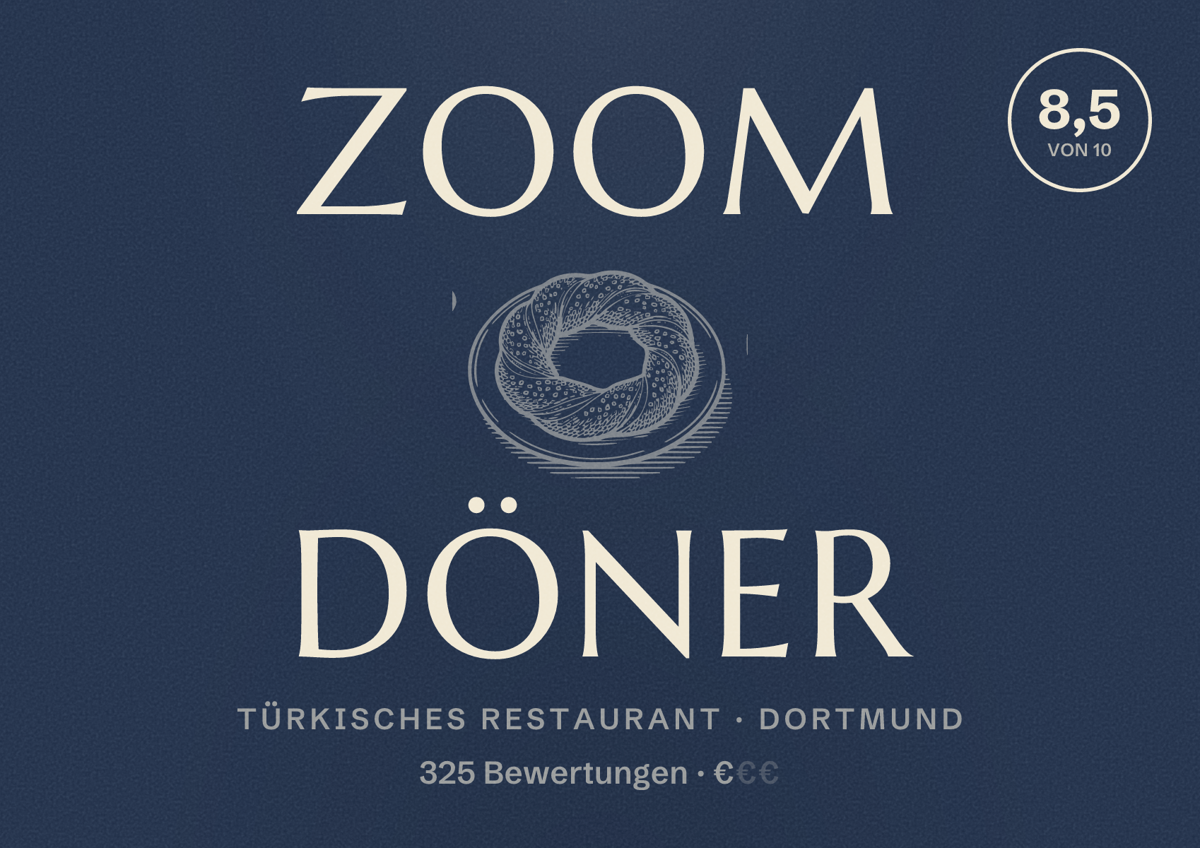 Illustriertes Poster von Zoom Döner, Türkisches Restaurant in Dortmund: Bewertung 8,5 von 10 aus 325 Bewertungen, Preisniveau €