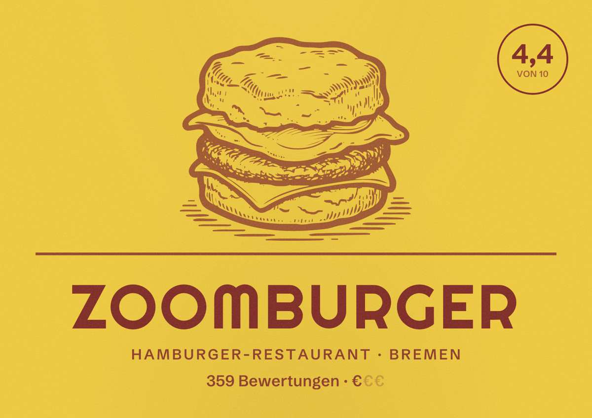 Illustriertes Poster von ZOOMBURGER, Hamburger-Restaurant in Bremen: Bewertung 4,4 von 10 aus 359 Bewertungen, Preisniveau €