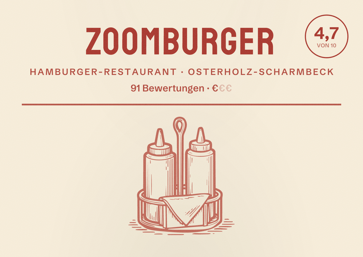 Illustriertes Poster von Zoomburger, Hamburger-Restaurant in Osterholz-Scharmbeck: Bewertung 4,7 von 10 aus 91 Bewertungen, Preisniveau €