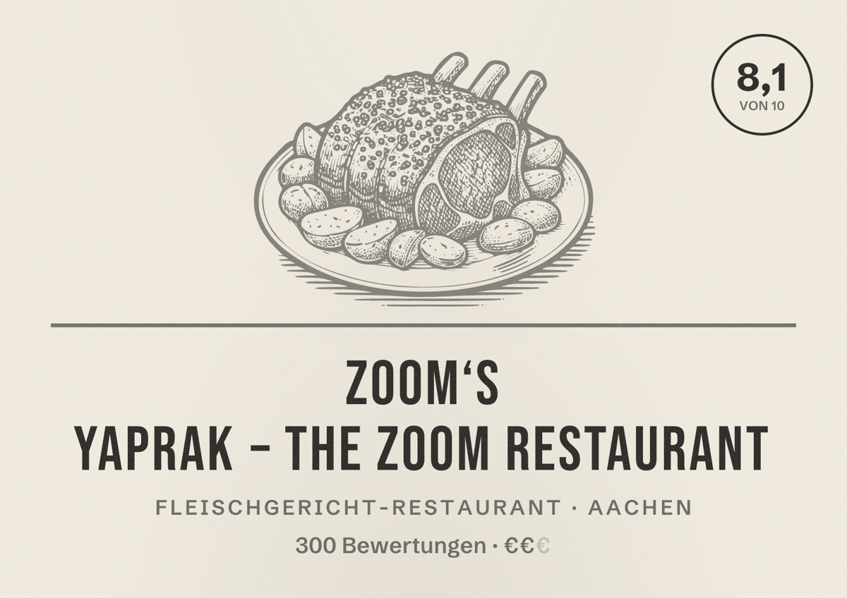 Illustriertes Poster von Zoom‘s Yaprak – The Zoom Restaurant, Fleischgericht-Restaurant in Aachen: Bewertung 8,1 von 10 aus 300 Bewertungen, Preisniveau €€