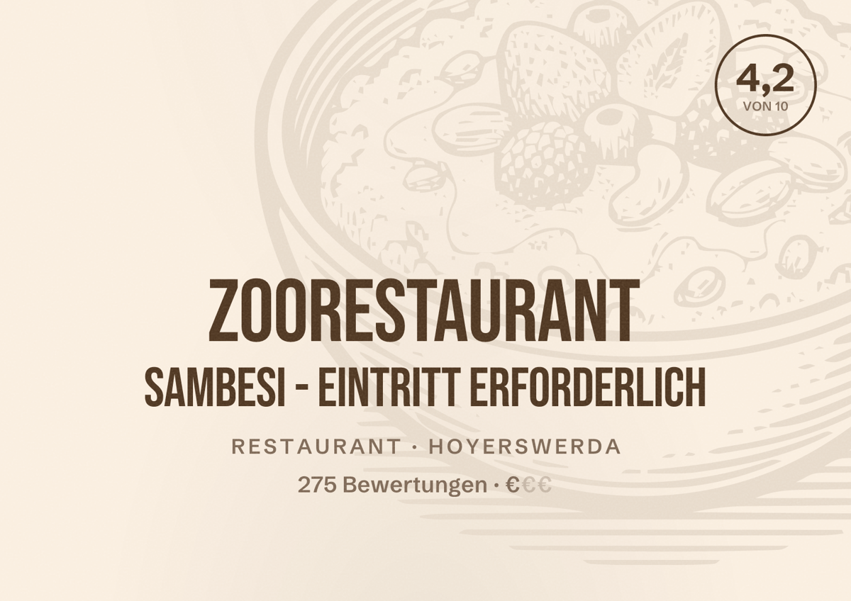 Illustriertes Poster von Zoorestaurant SAMBESI - Eintritt erforderlich, Restaurant in Hoyerswerda: Bewertung 4,2 von 10 aus 275 Bewertungen, Preisniveau €