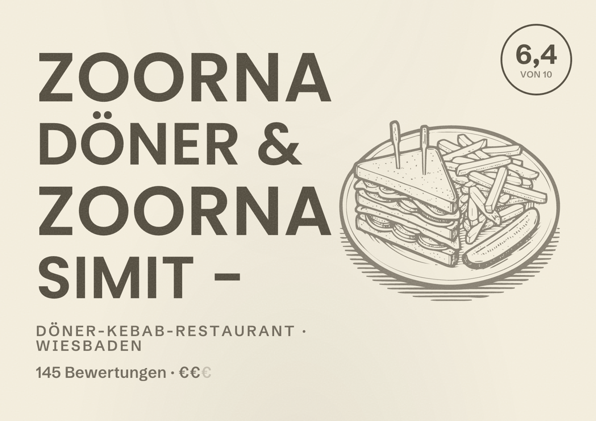 Illustriertes Poster von Zoorna Döner & Zoorna Simit -, Döner-Kebab-Restaurant in Wiesbaden: Bewertung 6,4 von 10 aus 145 Bewertungen, Preisniveau €€