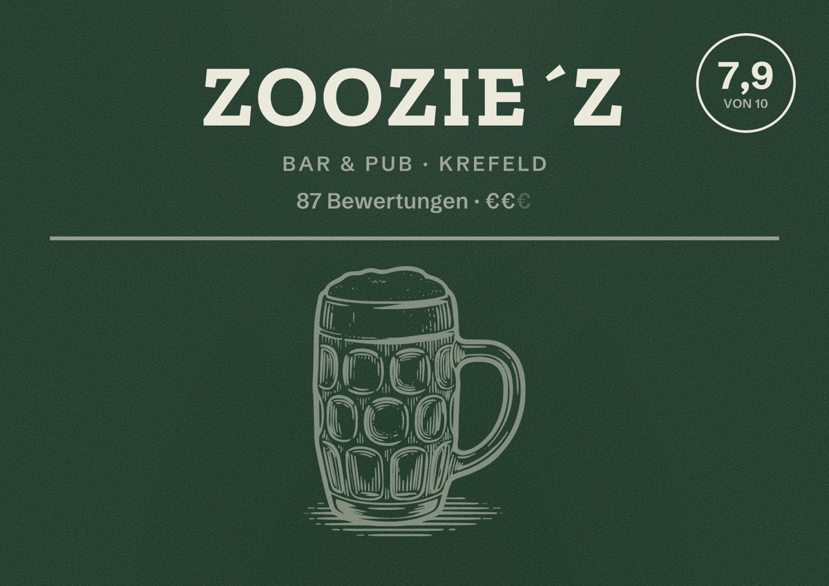 Illustriertes Poster von Zoozie´z, Bar & Pub in Krefeld: Bewertung 7,9 von 10 aus 87 Bewertungen, Preisniveau €€