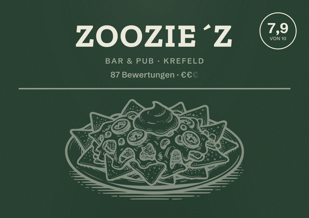 Illustriertes Poster von Zoozie´z, Bar & Pub in Krefeld: Gästebewertung 7,9 von 10 aus 87 Bewertungen