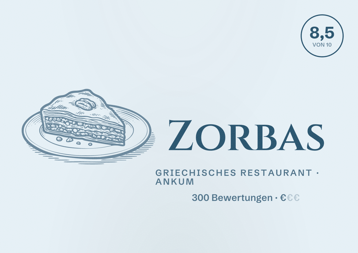 Illustriertes Poster von Zorbas, Griechisches Restaurant in Ankum: Bewertung 8,5 von 10 aus 300 Bewertungen, Preisniveau €