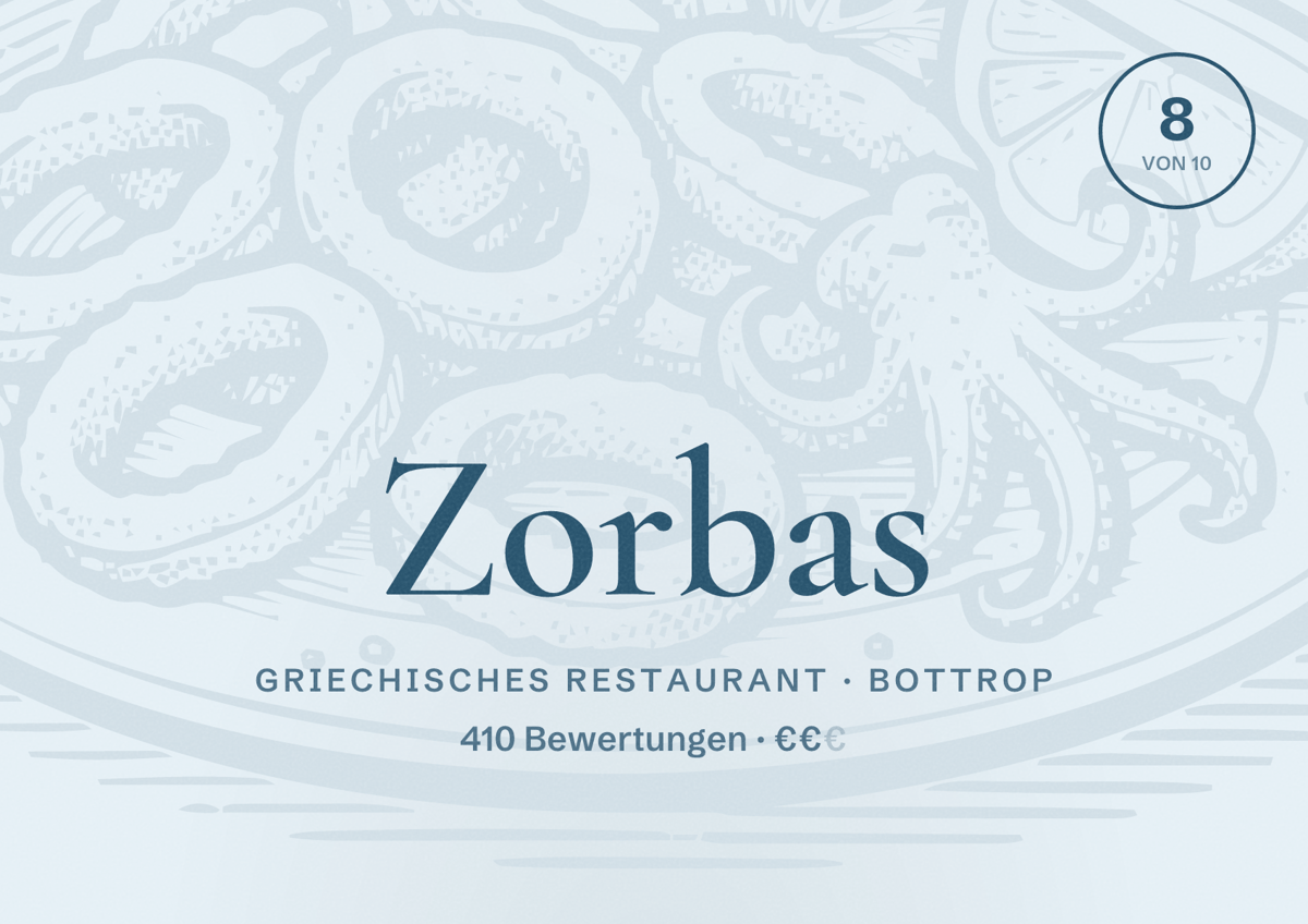 Illustriertes Poster von Zorbas, Griechisches Restaurant in Bottrop: Bewertung 8,0 von 10 aus 410 Bewertungen, Preisniveau €€