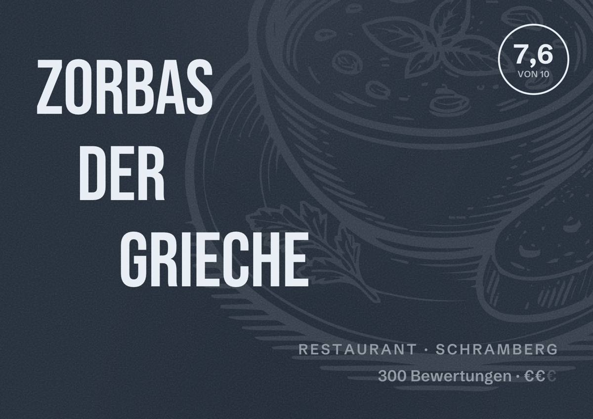 Illustriertes Poster von Zorbas der Grieche, Restaurant in Schramberg: Bewertung 7,6 von 10 aus 300 Bewertungen, Preisniveau €€