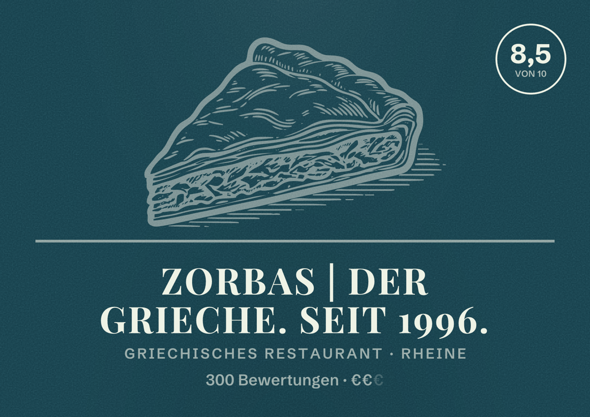 Illustriertes Poster von Zorbas | Der Grieche. Seit 1996., Griechisches Restaurant in Rheine: Bewertung 8,5 von 10 aus 300 Bewertungen, Preisniveau €€