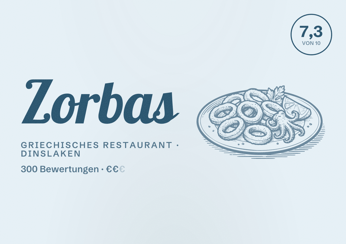Illustriertes Poster von Zorbas, Griechisches Restaurant in Dinslaken: Bewertung 7,3 von 10 aus 300 Bewertungen, Preisniveau €€