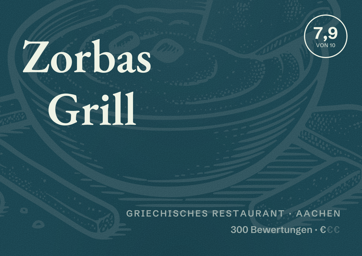 Illustriertes Poster von Zorbas Grill, Griechisches Restaurant in Aachen: Bewertung 7,9 von 10 aus 300 Bewertungen, Preisniveau €