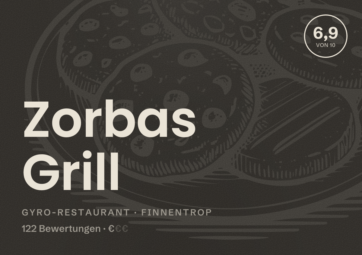 Illustriertes Poster von Zorbas Grill, Gyro-Restaurant in Finnentrop: Bewertung 6,9 von 10 aus 122 Bewertungen, Preisniveau €