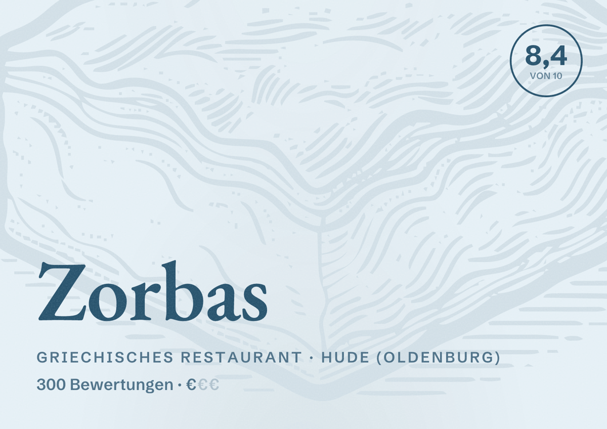 Illustriertes Poster von Zorbas, Griechisches Restaurant in Hude (Oldenburg): Bewertung 8,4 von 10 aus 300 Bewertungen, Preisniveau €