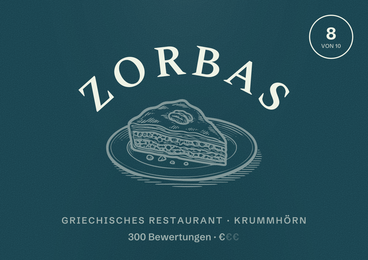 Illustriertes Poster von Zorbas, Griechisches Restaurant in Krummhörn: Bewertung 8 von 10 aus 300 Bewertungen, Preisniveau €