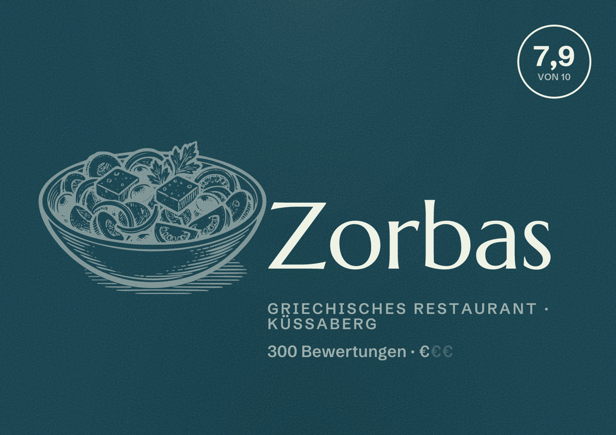 Illustriertes Poster von Zorbas, Griechisches Restaurant in Küssaberg: Bewertung 7,9 von 10 aus 300 Bewertungen, Preisniveau €