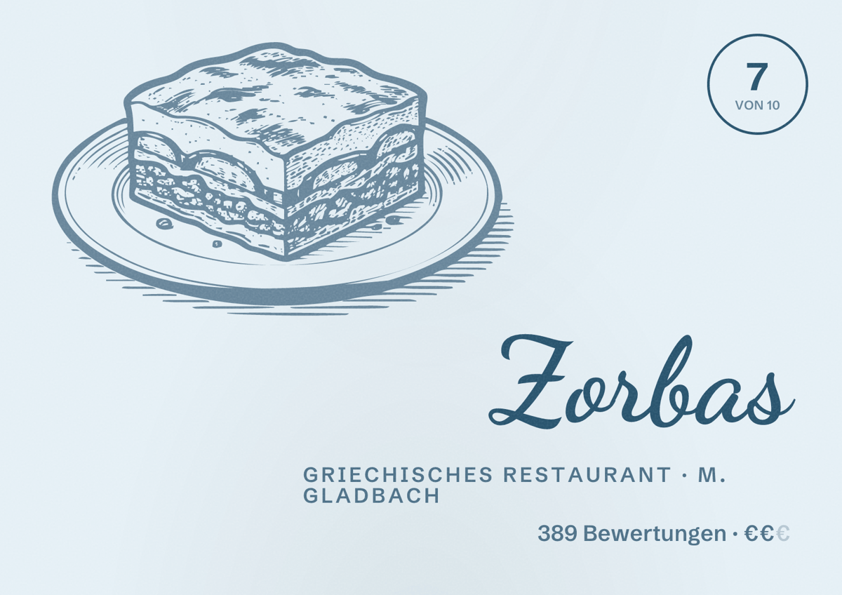 Illustriertes Poster von Zorbas, Griechisches Restaurant in M. Gladbach: Bewertung 7 von 10 aus 389 Bewertungen, Preisniveau €€