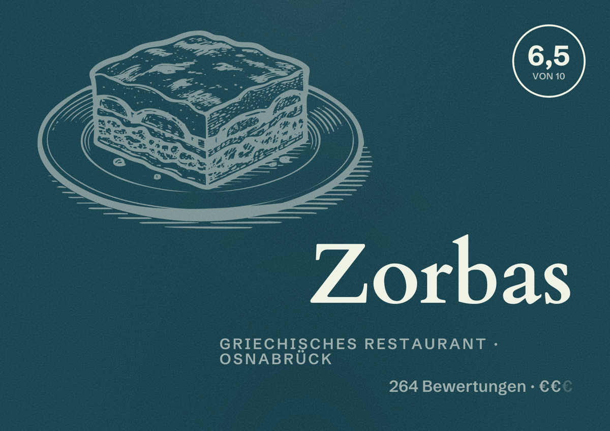 Illustriertes Poster von Zorbas, Griechisches Restaurant in Osnabrück: Bewertung 6,5 von 10 aus 264 Bewertungen, Preisniveau €€