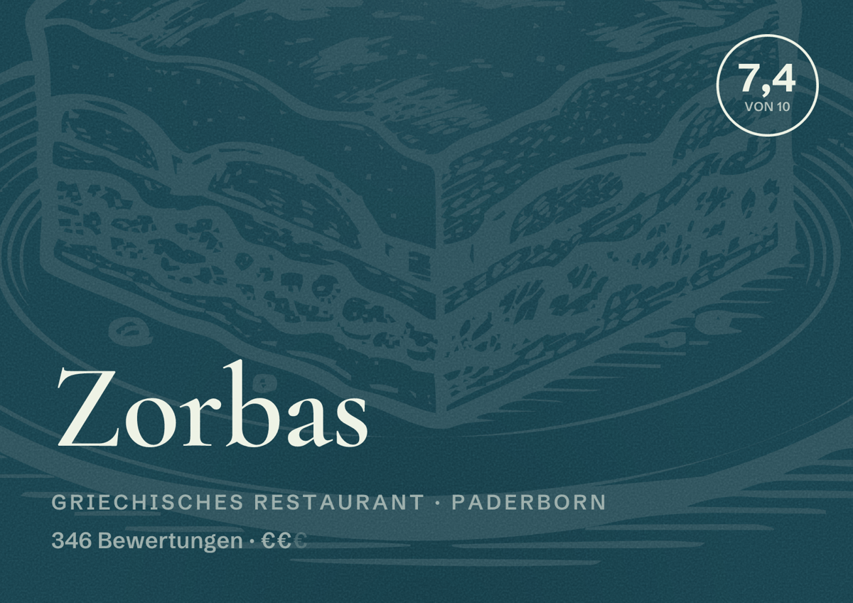 Illustriertes Poster von Zorbas, Griechisches Restaurant in Paderborn: Bewertung 7,4 von 10 aus 346 Bewertungen, Preisniveau €€