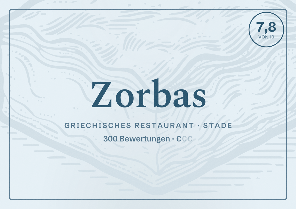 Illustriertes Poster von Zorbas, Griechisches Restaurant in Stade: Bewertung 7,8 von 10 aus 300 Bewertungen, Preisniveau €