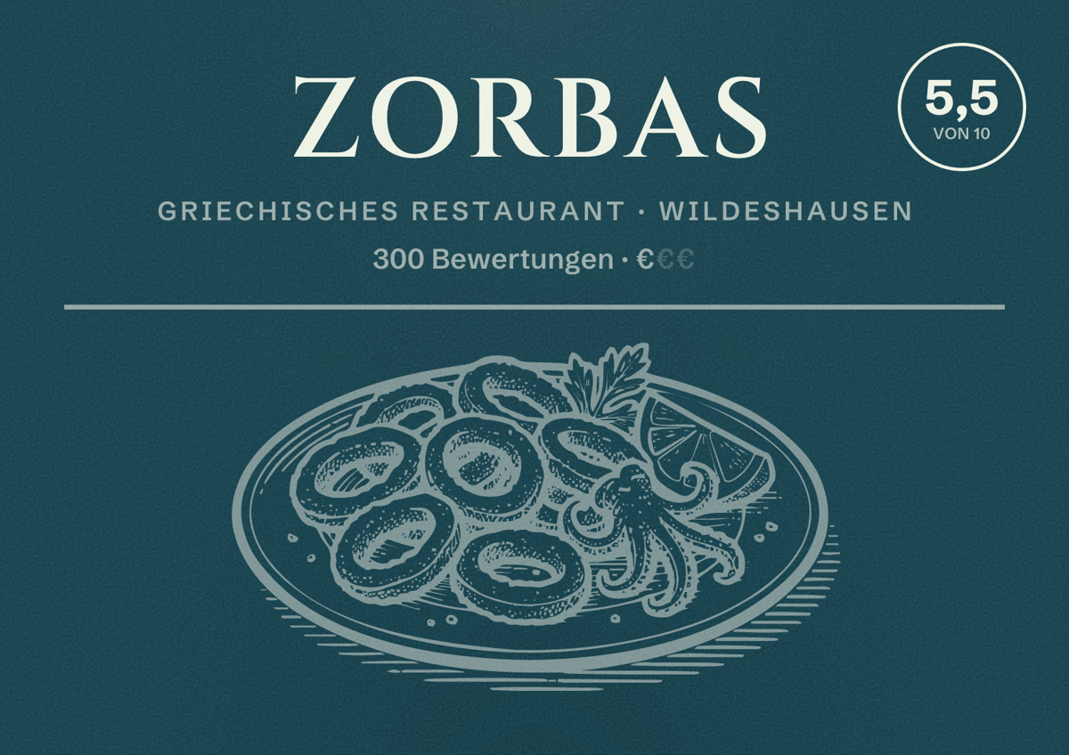 Illustriertes Poster von Zorbas, Griechisches Restaurant in Wildeshausen: Bewertung 5,5 von 10 aus 300 Bewertungen, Preisniveau €