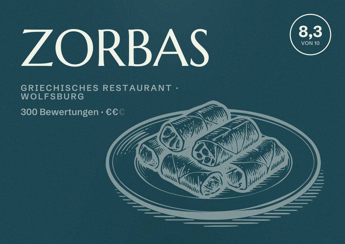 Illustriertes Poster von ZORBAS, Griechisches Restaurant in Wolfsburg: Gästebewertung 8,3 von 10 aus 300 Bewertungen