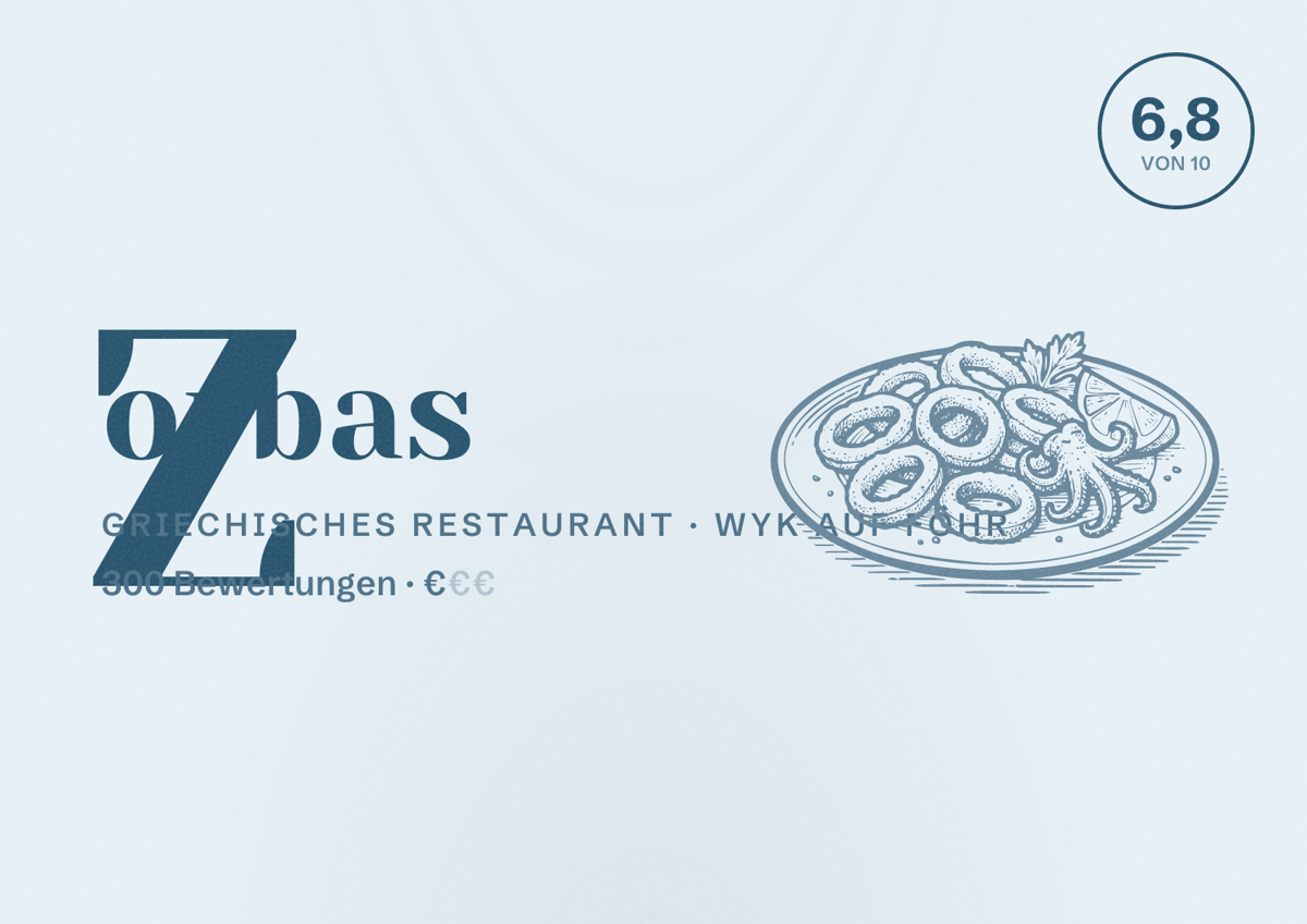Illustriertes Poster von Zorbas, Griechisches Restaurant in Wyk auf Föhr: Bewertung 6,8 von 10 aus 300 Bewertungen, Preisniveau €