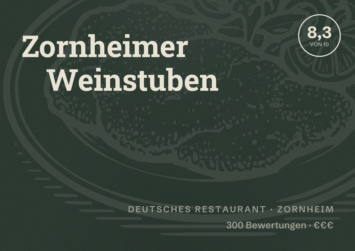 Illustriertes Poster von Zornheimer Weinstuben, Deutsches Restaurant in Zornheim: Bewertung 8,3 von 10 aus 300 Bewertungen, Preisniveau €€€