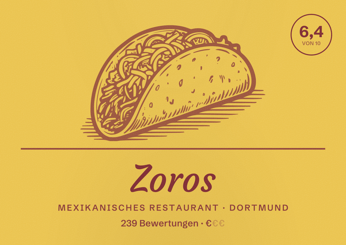 Illustriertes Poster von Zoros, Mexikanisches Restaurant in Dortmund: Bewertung 6,4 von 10 aus 239 Bewertungen, Preisniveau €