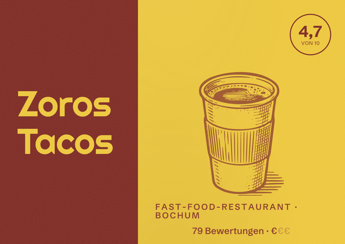 Illustriertes Poster von Zoros Tacos, Fast-Food-Restaurant in Bochum: Bewertung 4,7 von 10 aus 79 Bewertungen, Preisniveau €