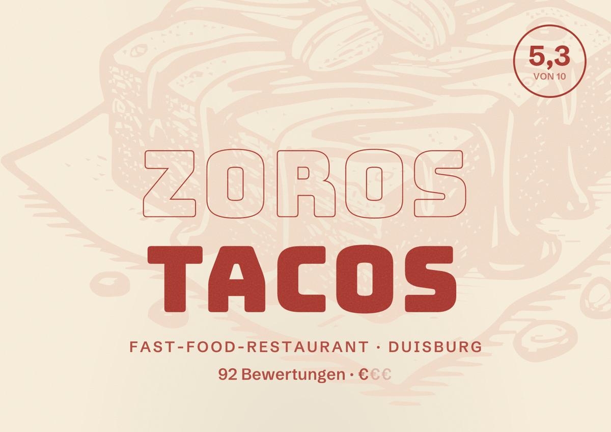 Illustriertes Poster von Zoros Tacos, Fast-Food-Restaurant in Duisburg: Bewertung 5,3 von 10 aus 92 Bewertungen, Preisniveau €