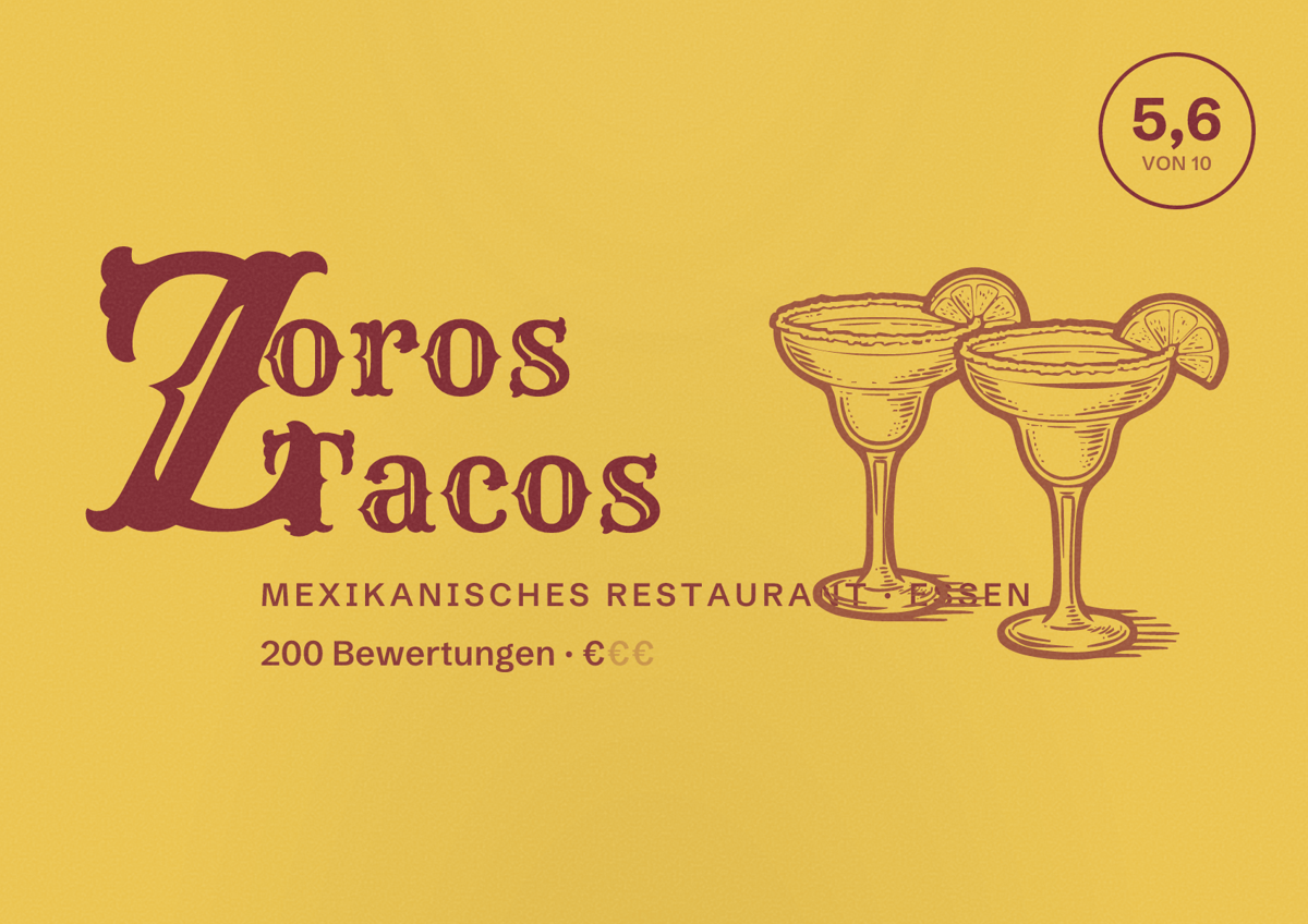 Illustriertes Poster von Zoros Tacos, Mexikanisches Restaurant in Essen: Bewertung 5,6 von 10 aus 200 Bewertungen, Preisniveau €