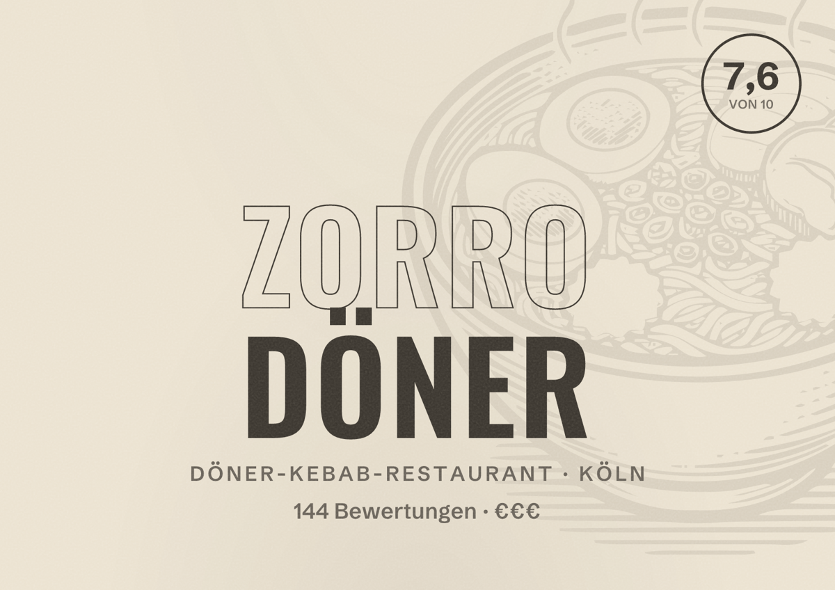 Illustriertes Poster von Zorro Döner, Döner-Kebab-Restaurant in Köln: Bewertung 7,6 von 10 aus 144 Bewertungen, Preisniveau €€€