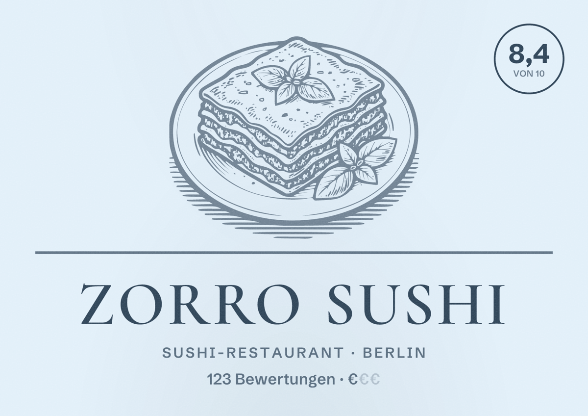 Illustriertes Poster von Zorro Sushi, Sushi-Restaurant in Berlin: Bewertung 8,4 von 10 aus 123 Bewertungen, Preisniveau €