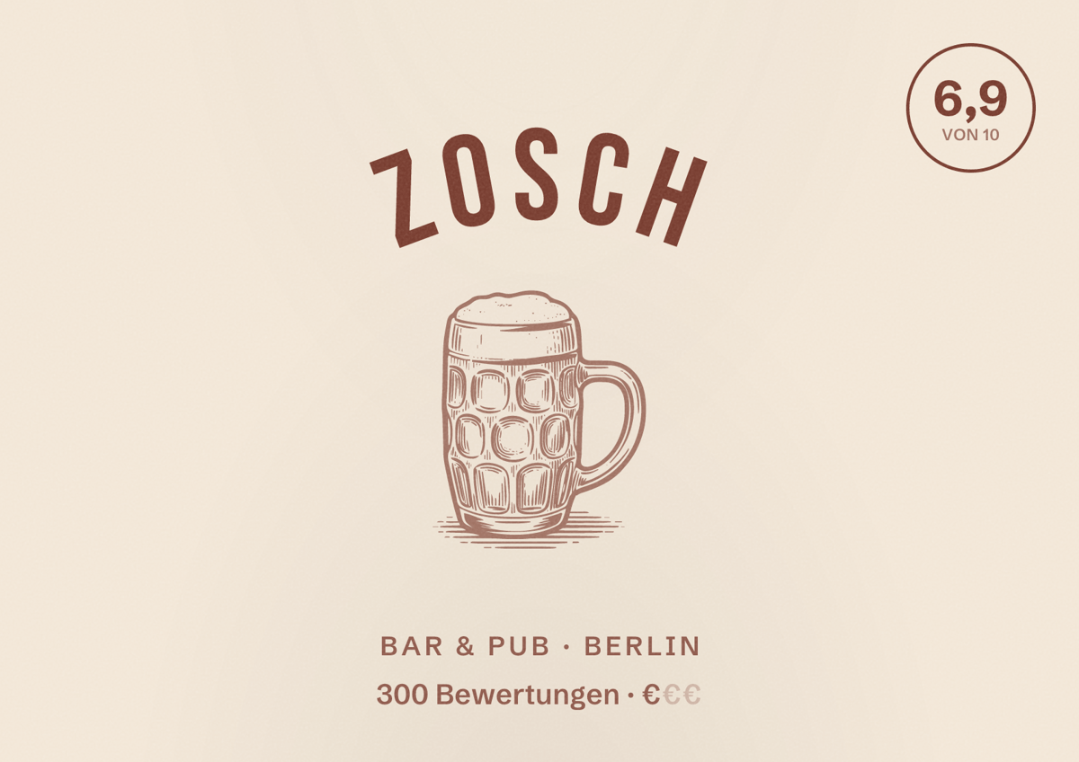 Illustriertes Poster von Zosch, Bar & Pub in Berlin: Bewertung 6,9 von 10 aus 300 Bewertungen, Preisniveau €