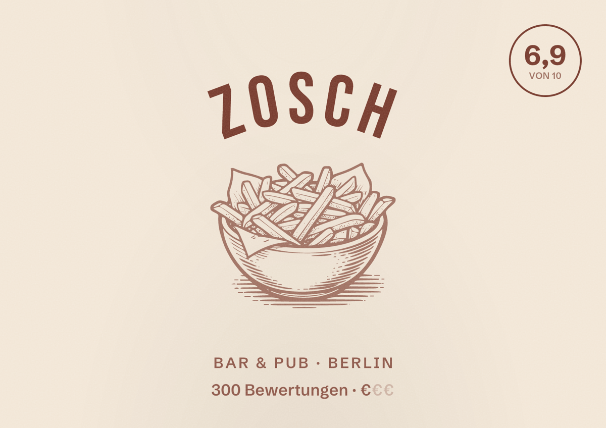 Illustriertes Poster von Zosch, Bar & Pub in Berlin: Bewertung 6,9 von 10 aus 300 Bewertungen, Preisniveau €