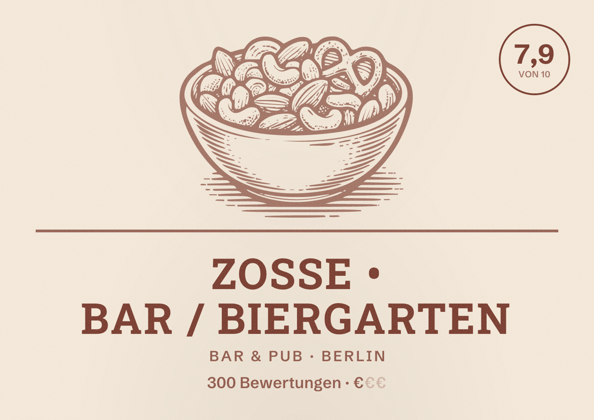 Illustriertes Poster von Zosse • Bar / Biergarten, Bar & Pub in Berlin: Bewertung 7,9 von 10 aus 300 Bewertungen, Preisniveau €