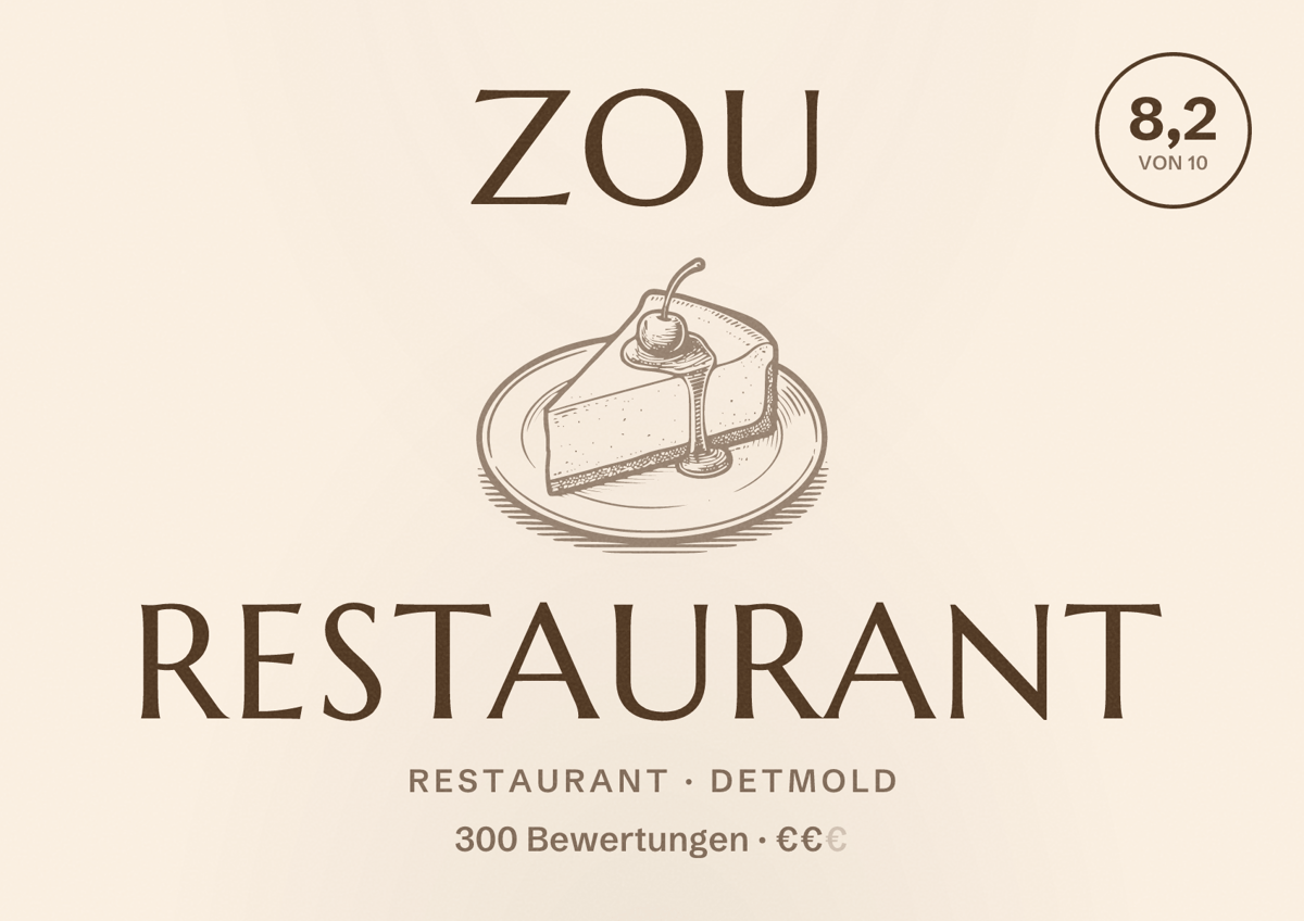 Illustriertes Poster von Zou Restaurant, Restaurant in Detmold: Bewertung 8,2 von 10 aus 300 Bewertungen, Preisniveau €€