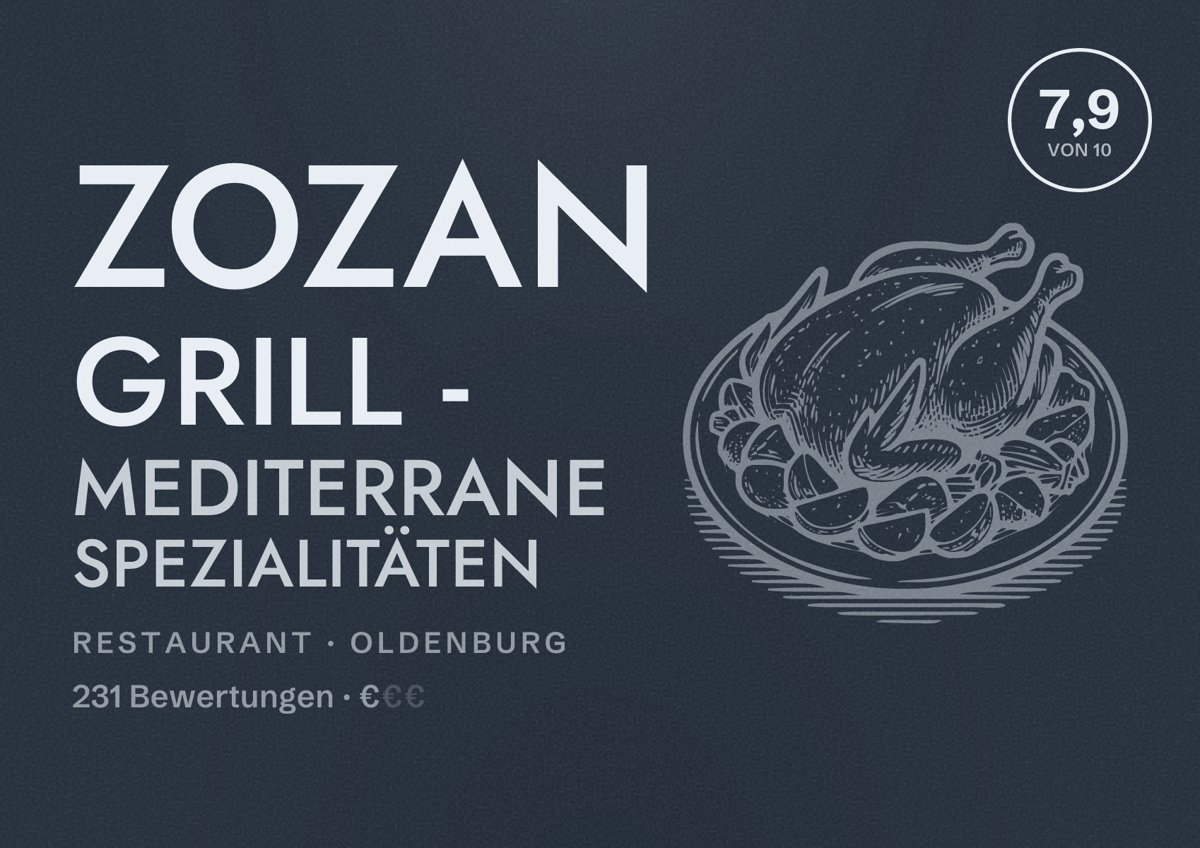 Illustriertes Poster von Zozan Grill - Mediterrane Spezialitäten, Restaurant in Oldenburg: Bewertung 7,9 von 10 aus 231 Bewertungen, Preisniveau €