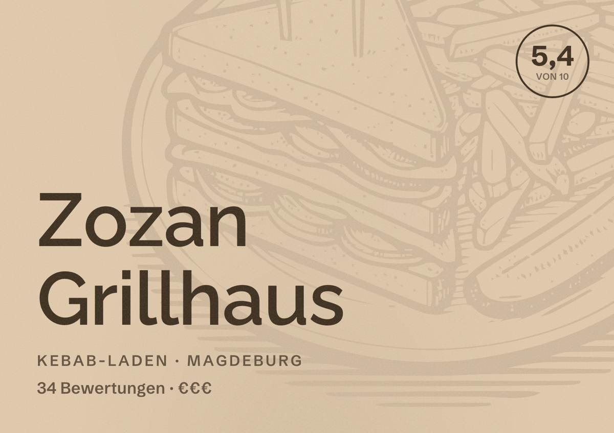 Illustriertes Poster von Zozan Grillhaus, Kebab-Laden in Magdeburg: Bewertung 5,4 von 10 aus 34 Bewertungen, Preisniveau €€€