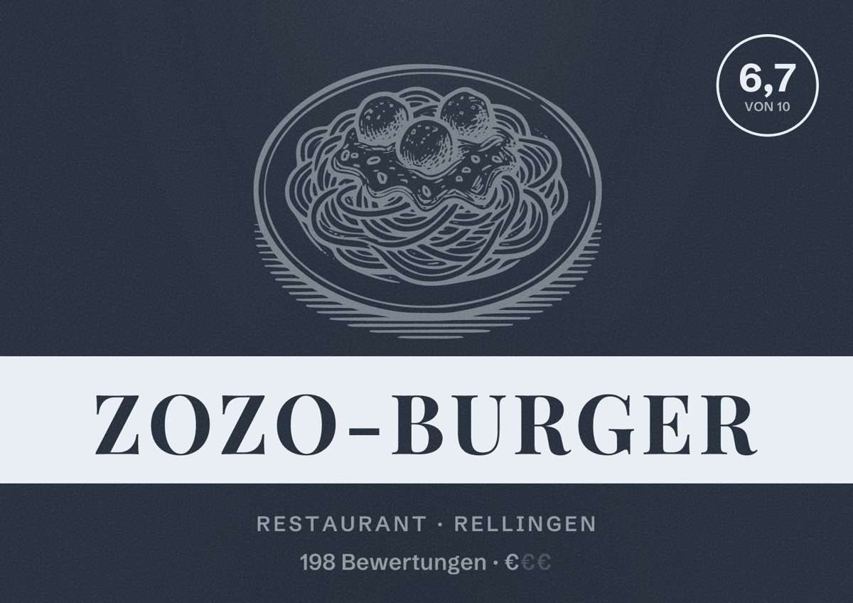 Illustriertes Poster von ZOZO-Burger, Restaurant in Rellingen: Bewertung 6,7 von 10 aus 198 Bewertungen, Preisniveau €