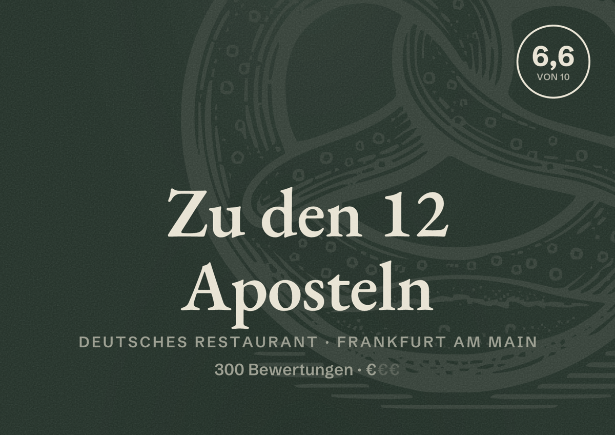 Illustriertes Poster von Zu den 12 Aposteln, Deutsches Restaurant in Frankfurt am Main: Bewertung 6,6 von 10 aus 300 Bewertungen, Preisniveau €