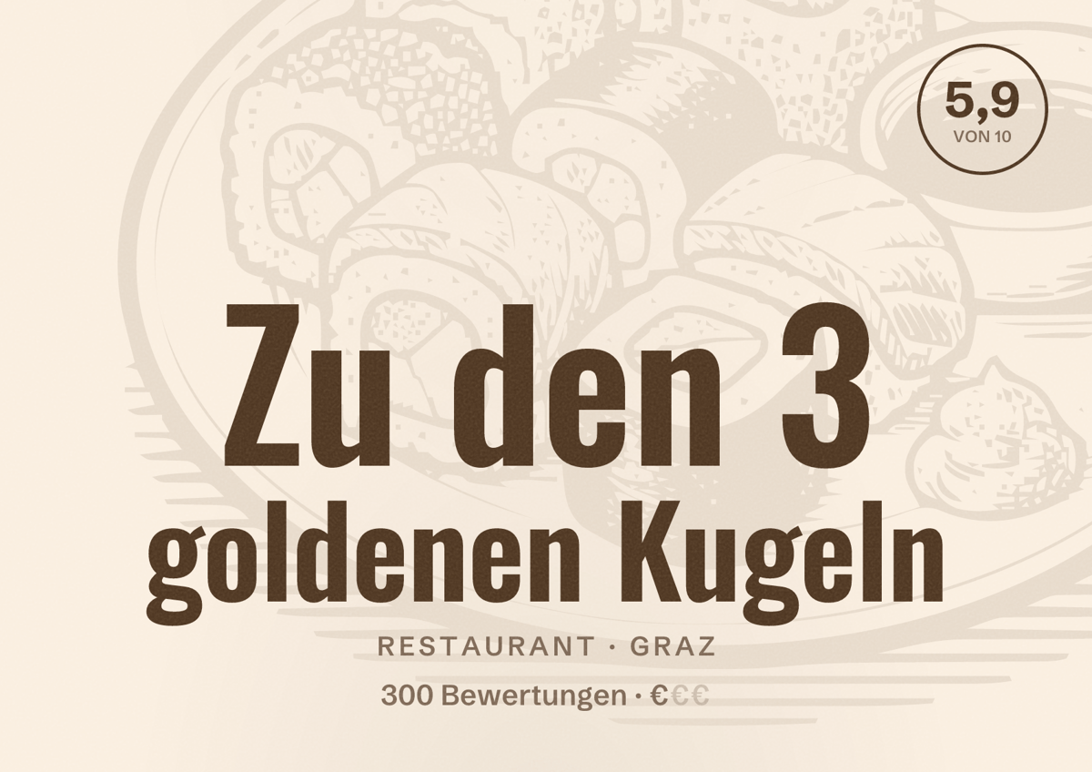 Illustriertes Poster von Zu den 3 goldenen Kugeln, Restaurant in Graz: Bewertung 5,9 von 10 aus 300 Bewertungen, Preisniveau €
