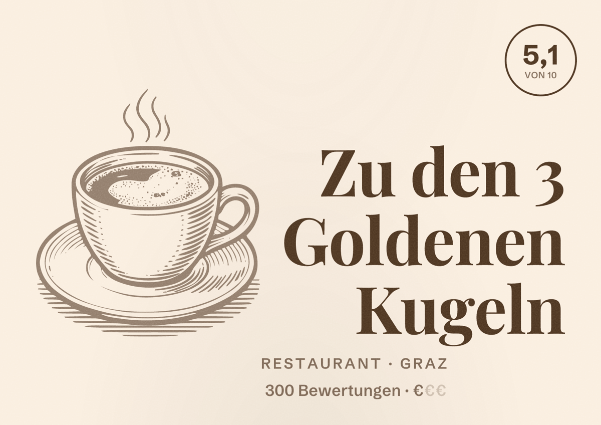 Illustriertes Poster von Zu den 3 Goldenen Kugeln, Restaurant in Graz: Bewertung 5,1 von 10 aus 300 Bewertungen, Preisniveau €