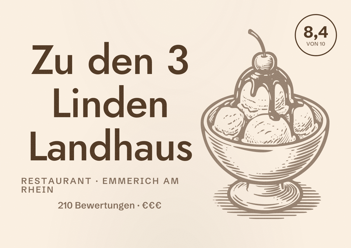 Illustriertes Poster von Zu den 3 Linden Landhaus, Restaurant in Emmerich am Rhein: Bewertung 8,4 von 10 aus 210 Bewertungen, Preisniveau €€€