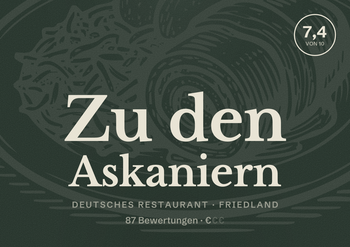 Illustriertes Poster von Zu den Askaniern, Deutsches Restaurant in Friedland: Bewertung 7,4 von 10 aus 87 Bewertungen, Preisniveau €