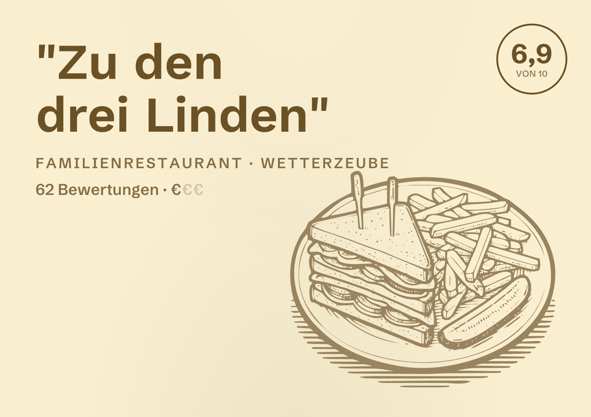 Illustriertes Poster von "Zu den drei Linden", Familienrestaurant in Wetterzeube: Bewertung 6,9 von 10 aus 62 Bewertungen, Preisniveau €