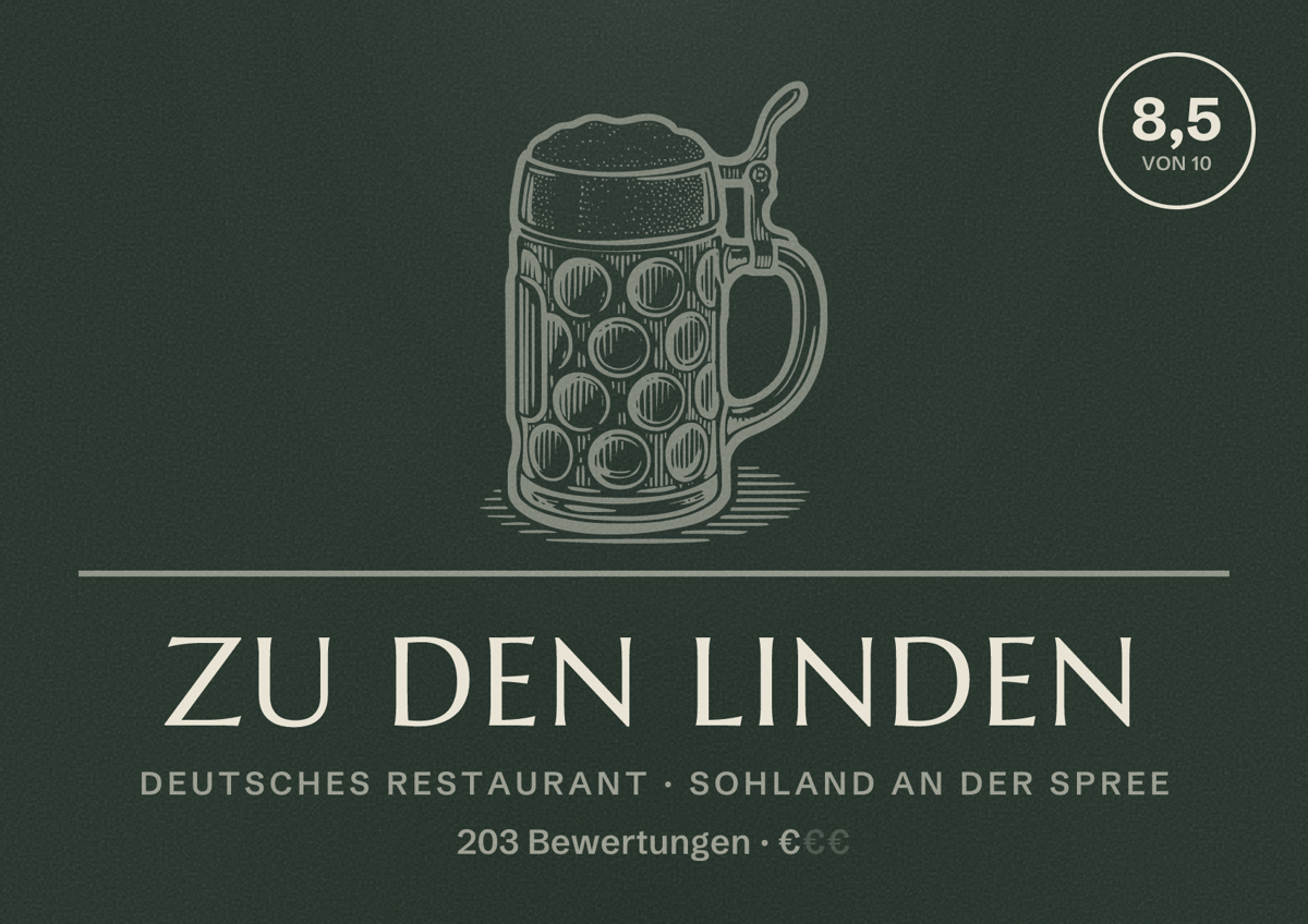 Illustriertes Poster von Zu den Linden, Deutsches Restaurant in Sohland an der Spree: Bewertung 8,5 von 10 aus 203 Bewertungen, Preisniveau €
