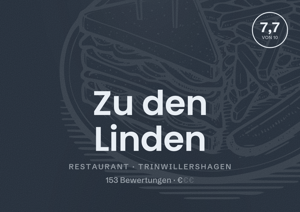 Illustriertes Poster von Zu den Linden, Restaurant in Trinwillershagen: Bewertung 7,7 von 10 aus 153 Bewertungen, Preisniveau €