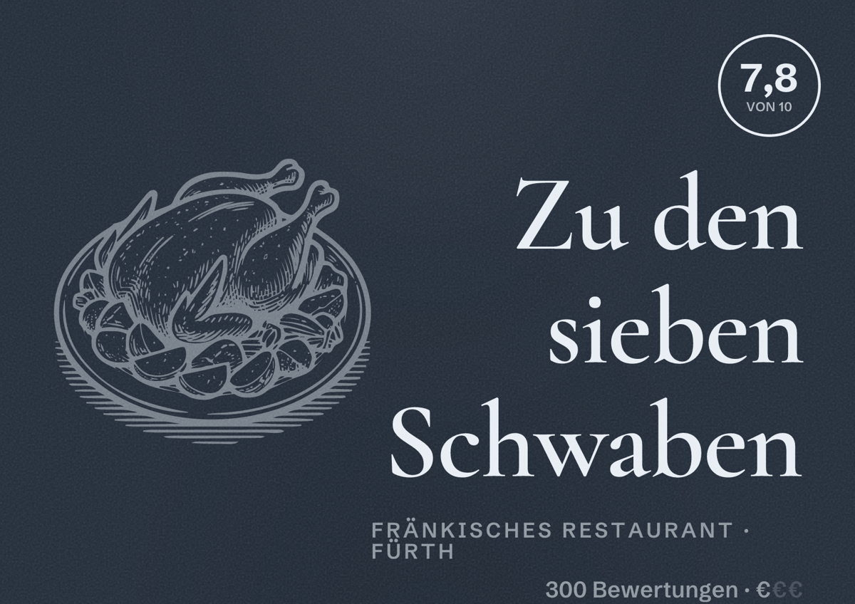Illustriertes Poster von Zu den sieben Schwaben, Fränkisches Restaurant in Fürth: Bewertung 7,8 von 10 aus 300 Bewertungen, Preisniveau €