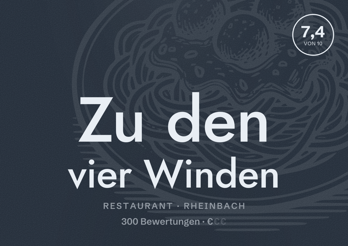 Illustriertes Poster von Zu den vier Winden, Restaurant in Rheinbach: Bewertung 7,4 von 10 aus 300 Bewertungen, Preisniveau €