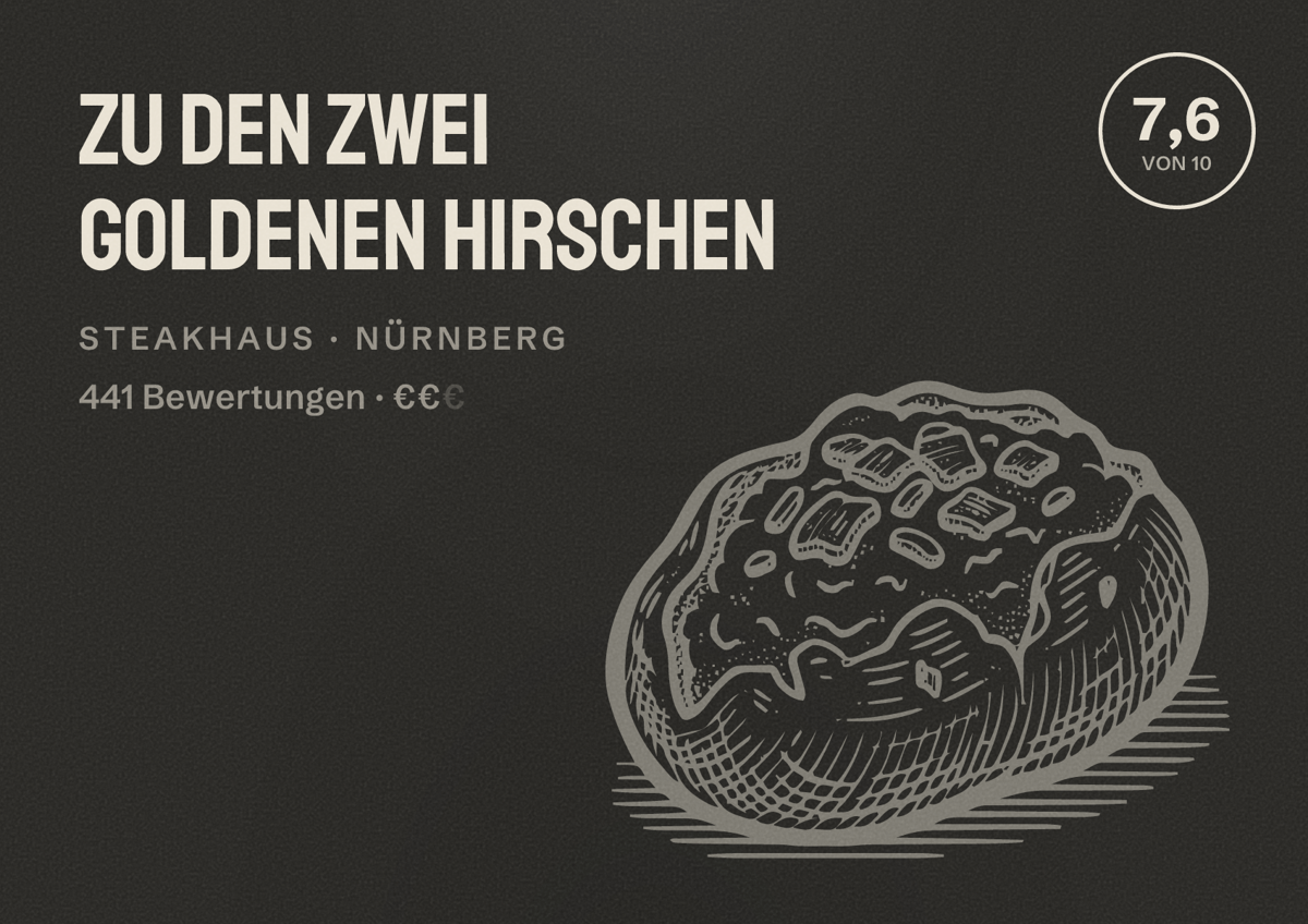 Illustriertes Poster von Zu den zwei goldenen Hirschen, Steakhaus in Nürnberg: Bewertung 7,6 von 10 aus 441 Bewertungen, Preisniveau €€